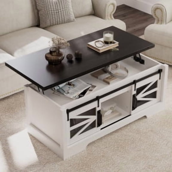 Coffee Table,Lift Top Coffee Tables for Living Room,Rising Wooden Dining Center Tables with Sliding Barn Door & Storage Shelf and Hidden Compartment for Living Room