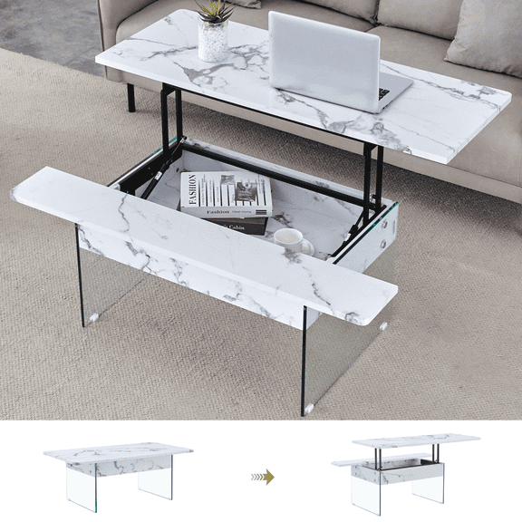 Coffee Table, Lift Top Coffee Tables for Living Room, Small Rising Wooden Dining Center Tables with Hidden Storage Compartment, White Marbling Finish