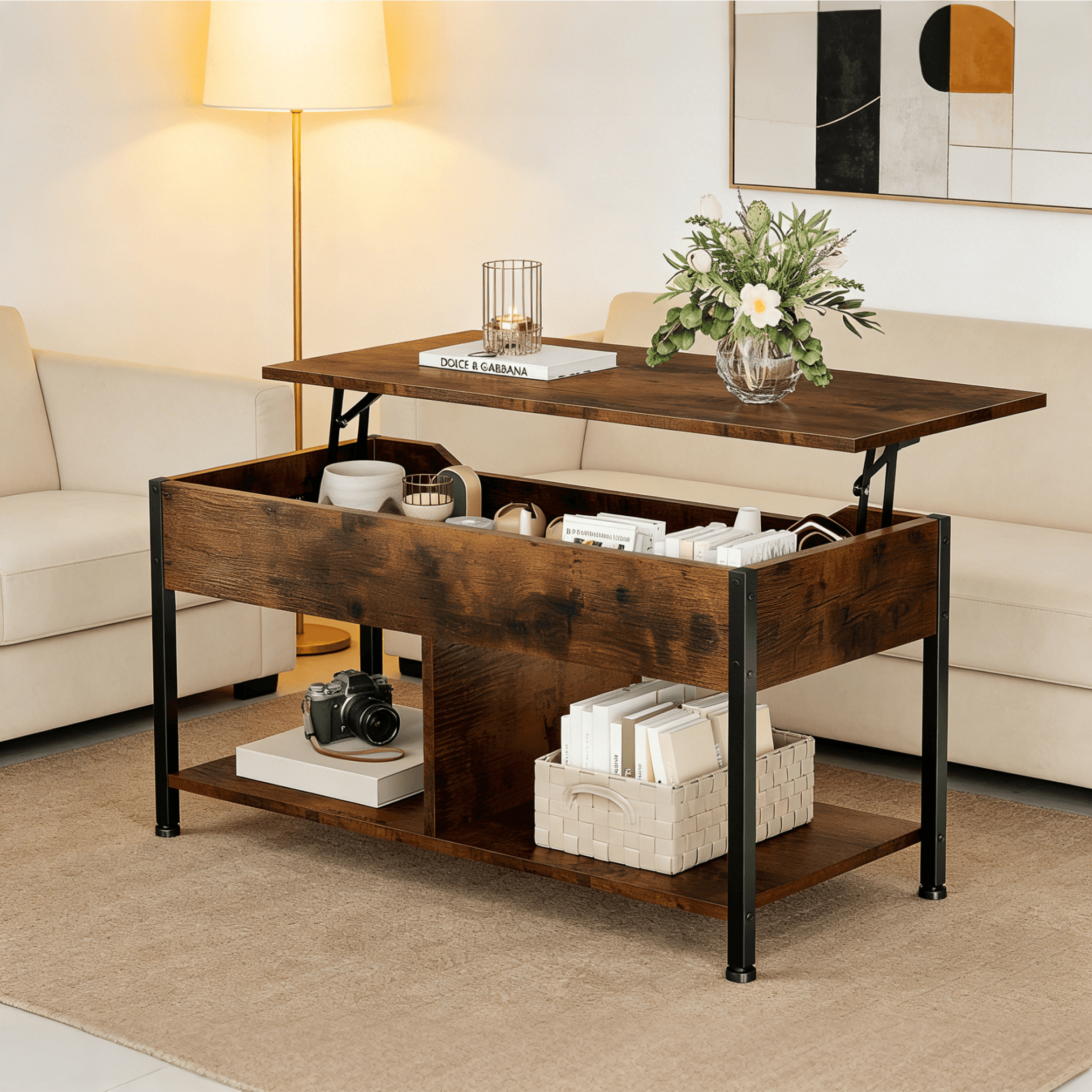 Coffee Table, Lift Top Living Room Coffee Table, Dining Center Tables with Storage Shelf and Hidden Compartment, Brown