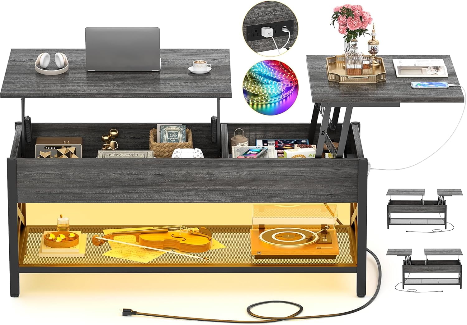 Coffee Table, Lift Top Coffee Table with Storage, LED Light & Power ...