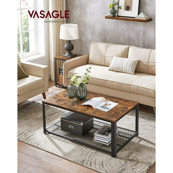 Coffee Table for Living Room, 2-Tier Cocktail Table, Center Table with Mesh Shelf, Steel Frame, Adjustable Feet, Industrial Style, Rustic Brown and Black ULCT61X