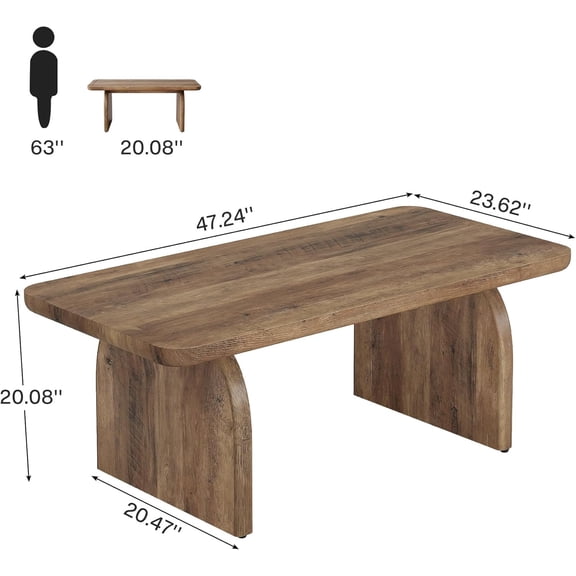Coffee Table for Living Room, 47-Inch Farmhouse Rectangular Center Table with Rounded Corners, Mid- Modern Low Large Cocktail Tea Furniture, Easy Assembly (Rustic Brown)