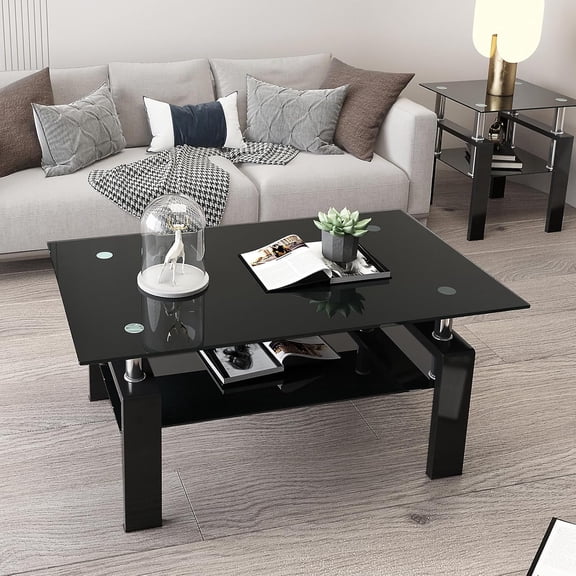Fulocseny Coffee Table for Living Room Black Tempered Glass Metal Leg, Mordern Cocktail Table 2 Layer Sofa Center Tables with Storage Rectangle Table for Home Office