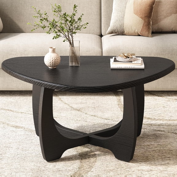 Coffee Table for Living Room - Mid Century Modern Coffee Tables with Triangle Top, Unique Small Round Coffee Table, Wood Oval Tea Table with Solid Legs for Bedroom, 35.8"x 22.5" x 16.2" Black