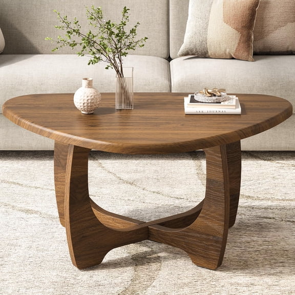 Coffee Table for Living Room - Mid Century Modern Coffee Tables with Triangle Top, Unique Small Round Coffee Table, Wood Oval Tea Table with Solid Legs for Bedroom, 35.8"x 22.5" x 16.2" Black