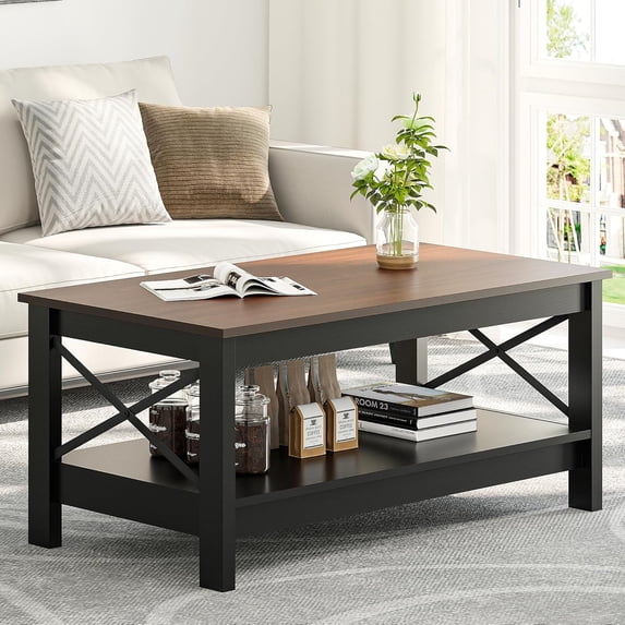 Coffee Table for Living Room,Modern Farmhouse Coffee Table with Storage,2-Tier Center Table for Living Room Wood Living Room Table Accent Cocktail with Sturdy Frame,Brown
