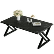 Coffee Table Living Room Table Black Center Table, Simple Modern Faux Marble Rectangular Tea Table with Sturdy Black-Finished Metal Frame,Industrial Wooden Coff
