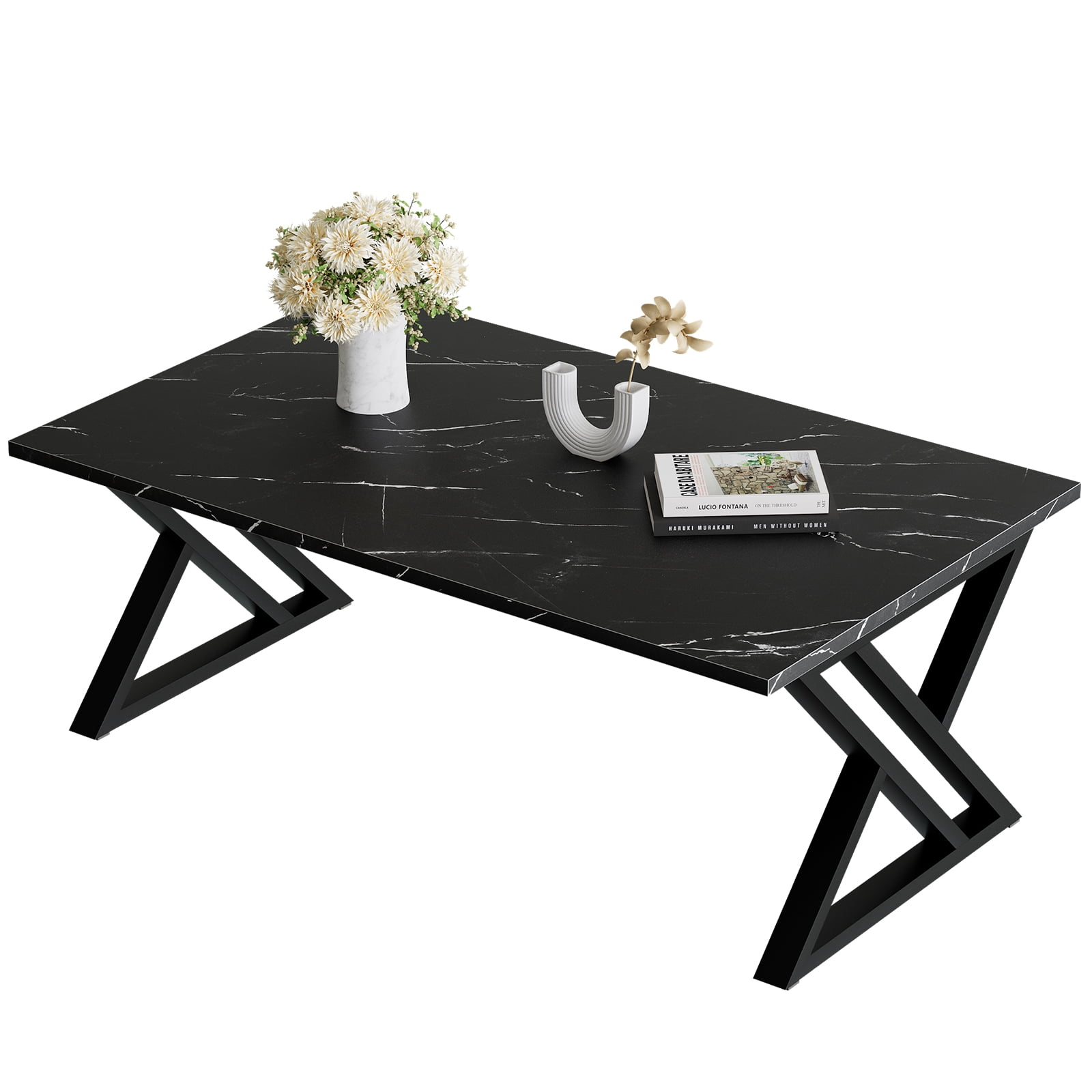 Coffee Table Living Room Table Black Center Table, Simple Modern Faux Marble Rectangular Tea Table with Sturdy Black-Finished Metal Frame