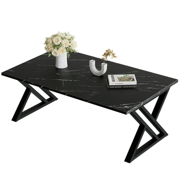 Coffee Table Living Room Table Black Center Table, Simple Modern Faux Marble Rectangular Tea Table with Sturdy Black-Finished Metal Frame