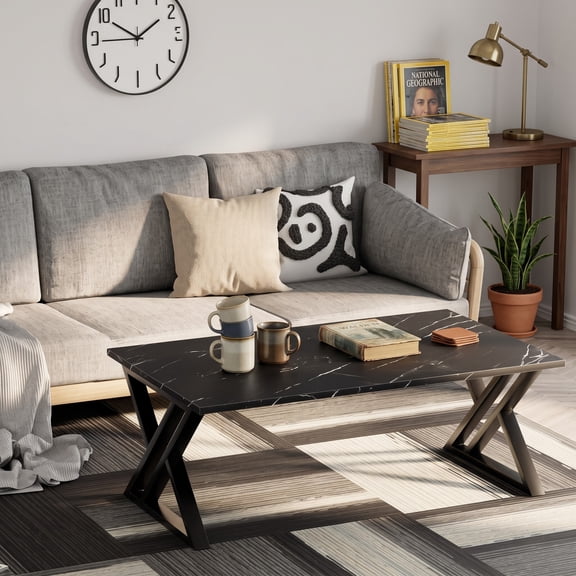 Coffee Table Living Room Table Black Center Table, Simple Modern Faux Marble Rectangular Tea Table with Sturdy Black-Finished Metal Frame