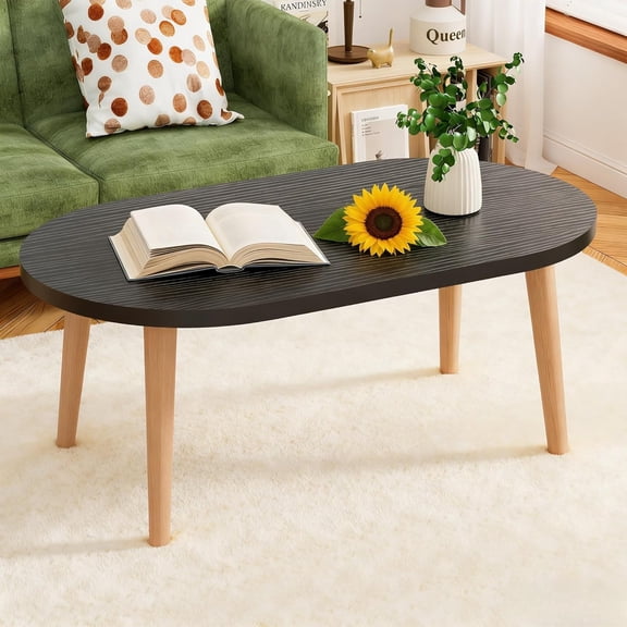 Coffee Table Low Table with 4 Solid Wood Leg, Floor Table Desk for Sitting on The Floor, Small Oval Coffee Table for Small Space, Side Table Japanese Coffee Table for Living Room Apartment Home
