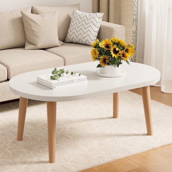 Coffee Table Low Table with Solid Wood Legs, 23.6" Small Oval Coffee Table Side Table, Floor Table Desk for Sitting on The Floor, Storage and Living Room Furniture for Office Apartment Home, White