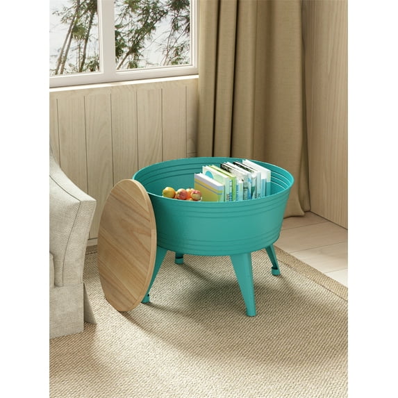 Coffee Table, Metal Stools Ottoman Nightstand Cocktail Table End Tables Storage Side Table with Wood Top, Distressed Extra Seat Farmhouse Rustic Accent Table for Bedroom Patio Living Room, Turquoise
