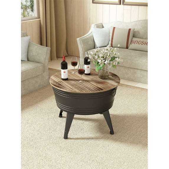 Coffee Table, Metal Stools Ottoman Nightstand Cocktail Table End Tables Storage Side Table with Wood Top, Distressed Extra Seat Farmhouse Rustic Accent Table for Bedroom Patio Living Room, Black