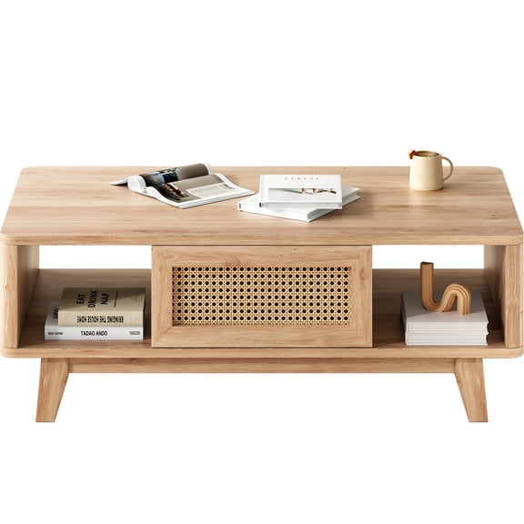 Coffee Table, Mid Century Living Room Tables with Storage, Modern Square with Rattan Drawer, Wooden Living Room Table with Solid Wood Leg