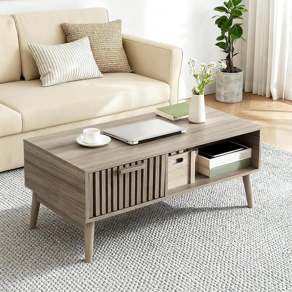 Coffee Table Mid Century Modern 39.4In 2-Tier Fluted Drawer and Open Shelf Wood Legs Living Room Natural