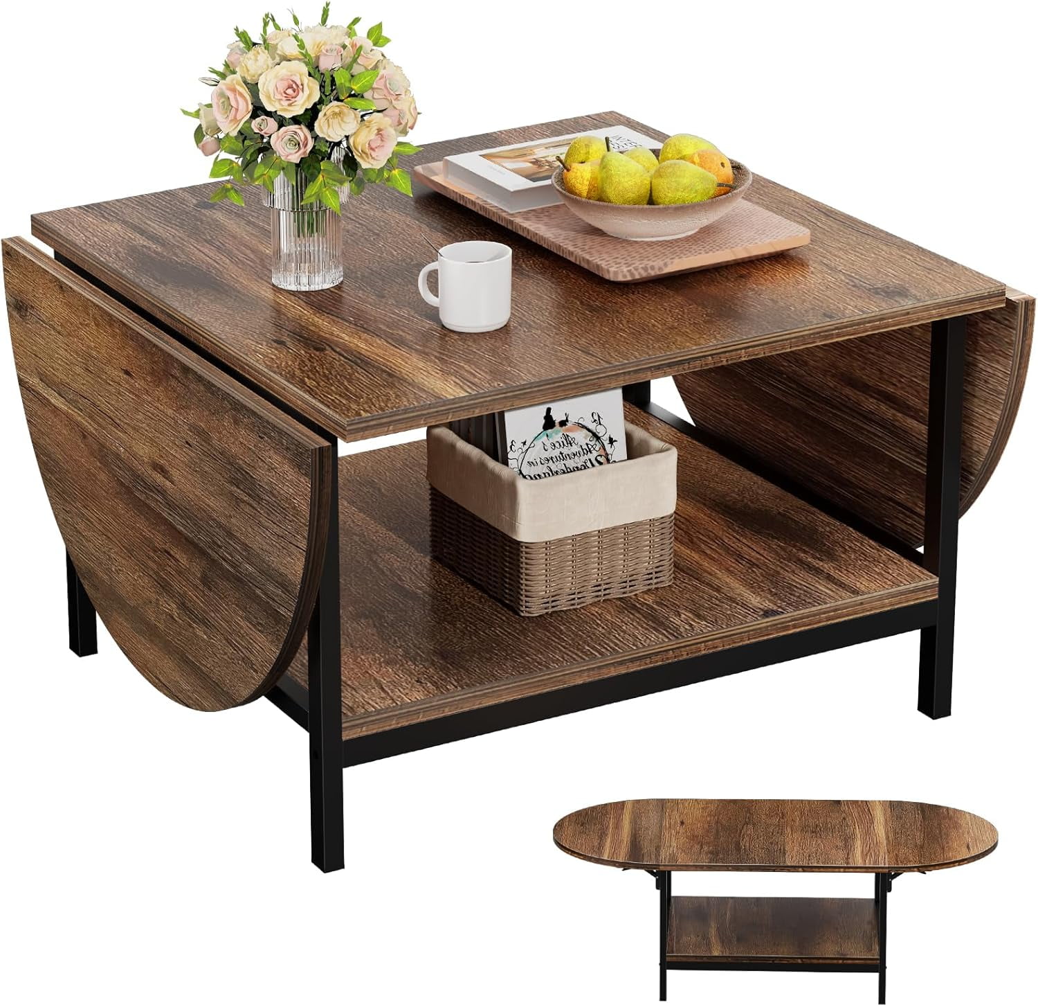 Rustic Brown Oval Extendable 2-Tier Coffee Table with Metal Legs