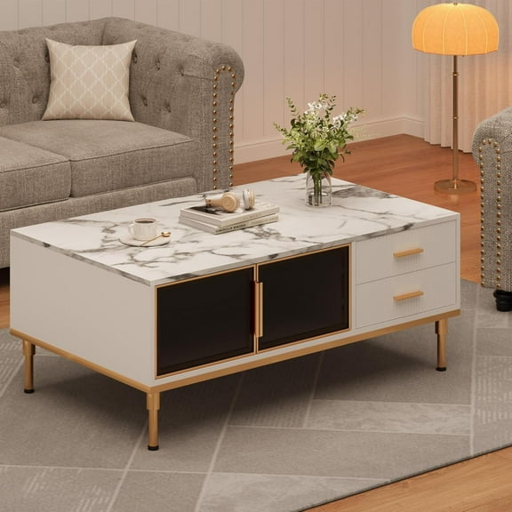 Coffee Table, Modern Coffee Table for Living Room with 4 Drawers, Glass-Front Cabinets, Faux Marble Fluted Panel Design, Stylish Storage Solution