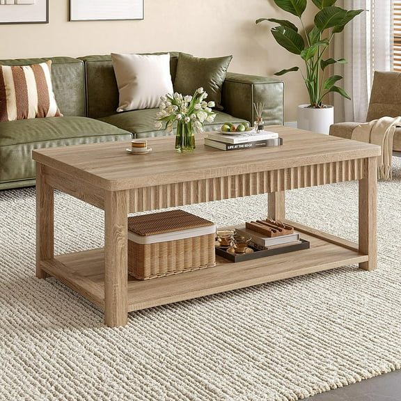 Coffee Table, Modern Coffee Tables for Living Room with 2-Tier Storage & Wave-Edge, Oak Center Table for Bedroom/Office