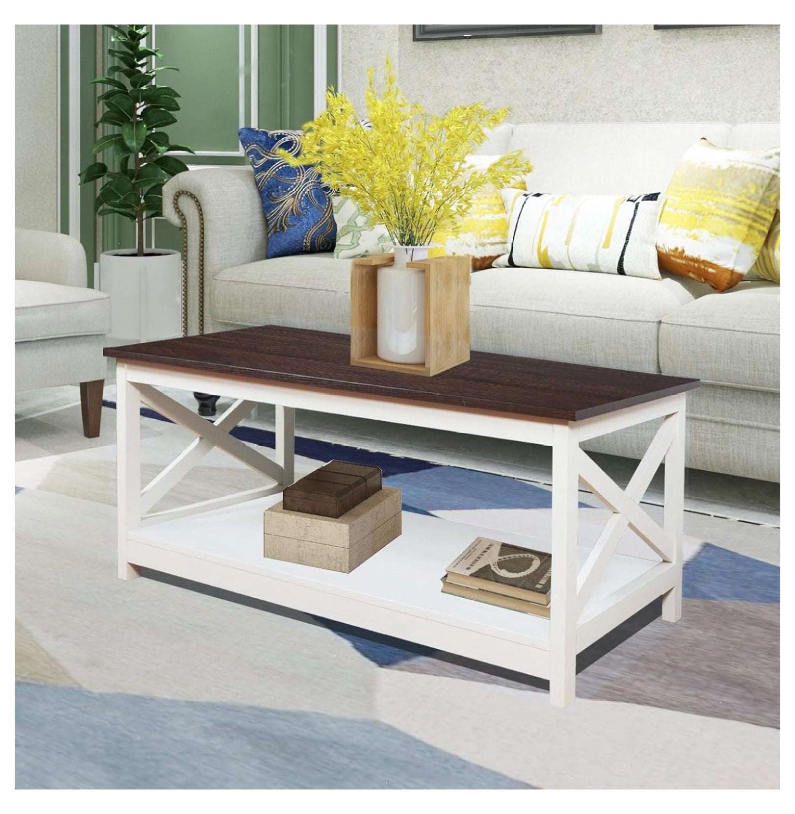 Coffee Table, Modern Farmhouse Wood Coffee Table with 2-Tier Storage ...