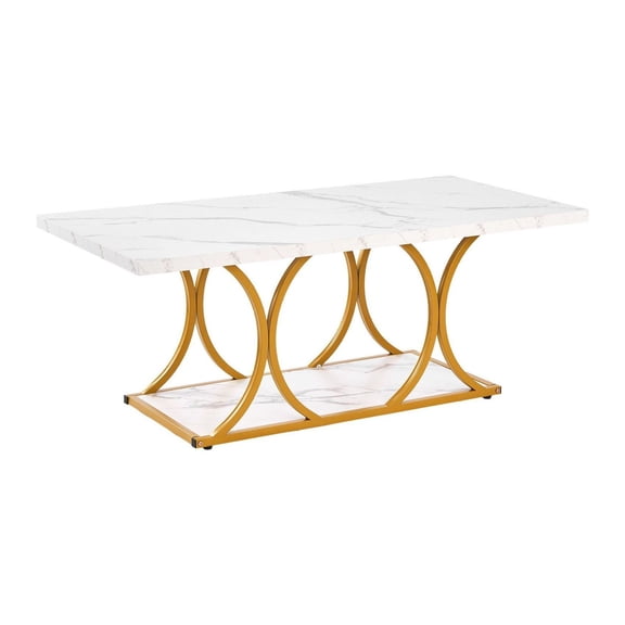 Coffee Table, Modern Faux Marble Coffee Table, 2-Tier Center Table with Metal Legs, Living Room Accent Desk, Large Rectangle White
