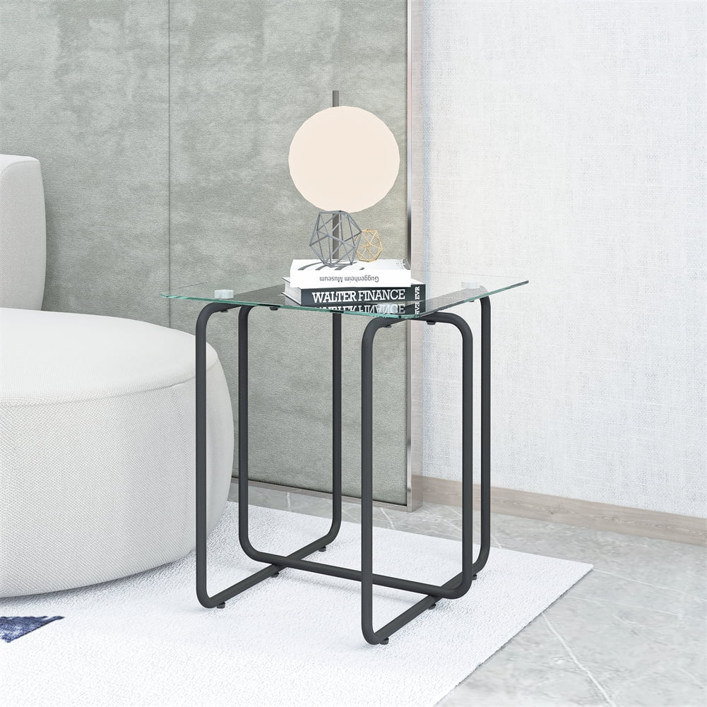 Transparent Tempered Glass End Table with Black Metal Frame