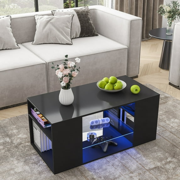 Coffee Table Modern High Gloss Center Table LED Coffee Tables Sofa Side Cocktail Table for Living Room 37.8Lx17.7Wx17.7H