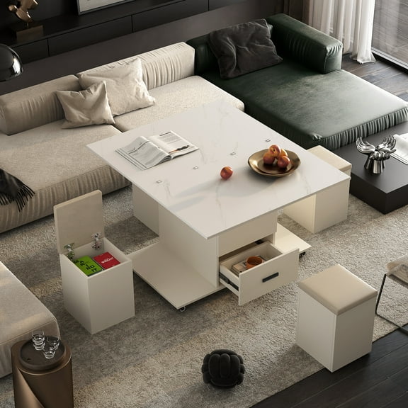 Coffee Table, Modern Lift Top Coffee Table with 1 Hidden Compartment And 2 Drawers, 4 Cushioned Footstools, Space Saving Folding Dining Table