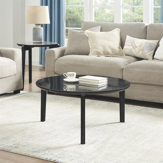 Coffee Table, Modern Round Faux Marble Accent Table with 3 Rubberwood Legs, 36in Center Round Coffee Table For Office Home Living Room Dining Room