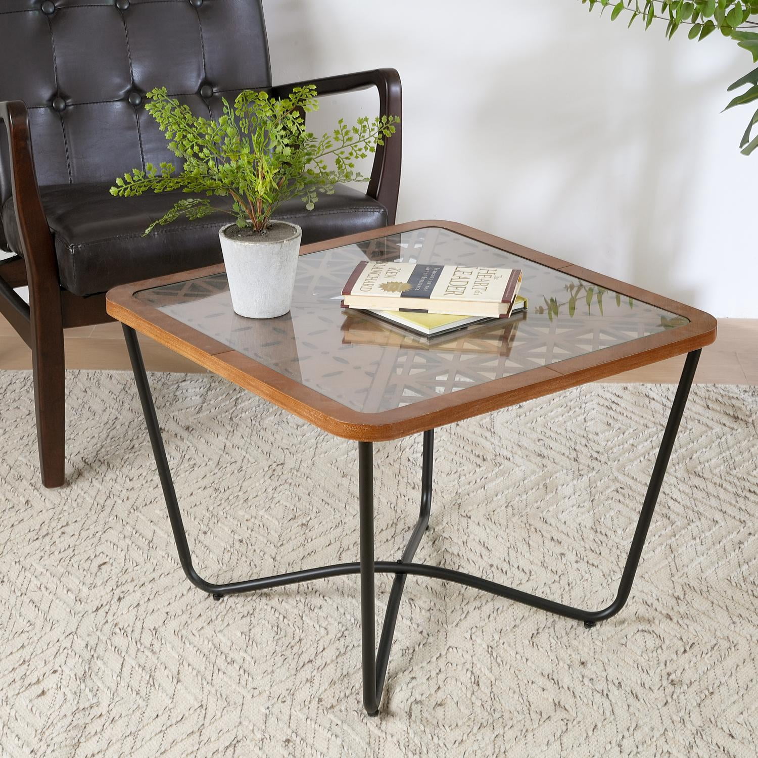 Coffee Table, Modern Square Coffee Table With Geometric Tempered Glass Top Black Metal Frame And Wood Accents, Industrial Design For Living Room, Brown Black