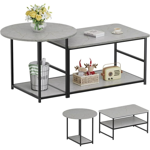 Coffee Table, Modern Style Coffee Tables for Living Room Marble Center Table with Storage 2 in 1Detachable Table Set,Grey Marble
