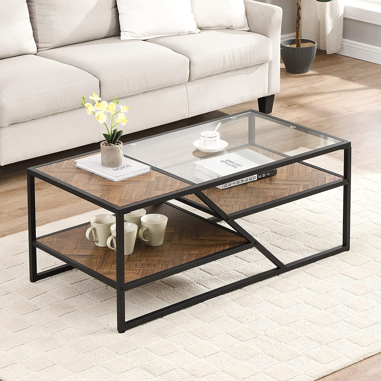 Coffee Table Mordern Living Room Table with Black Metal Frame Rectangle ...