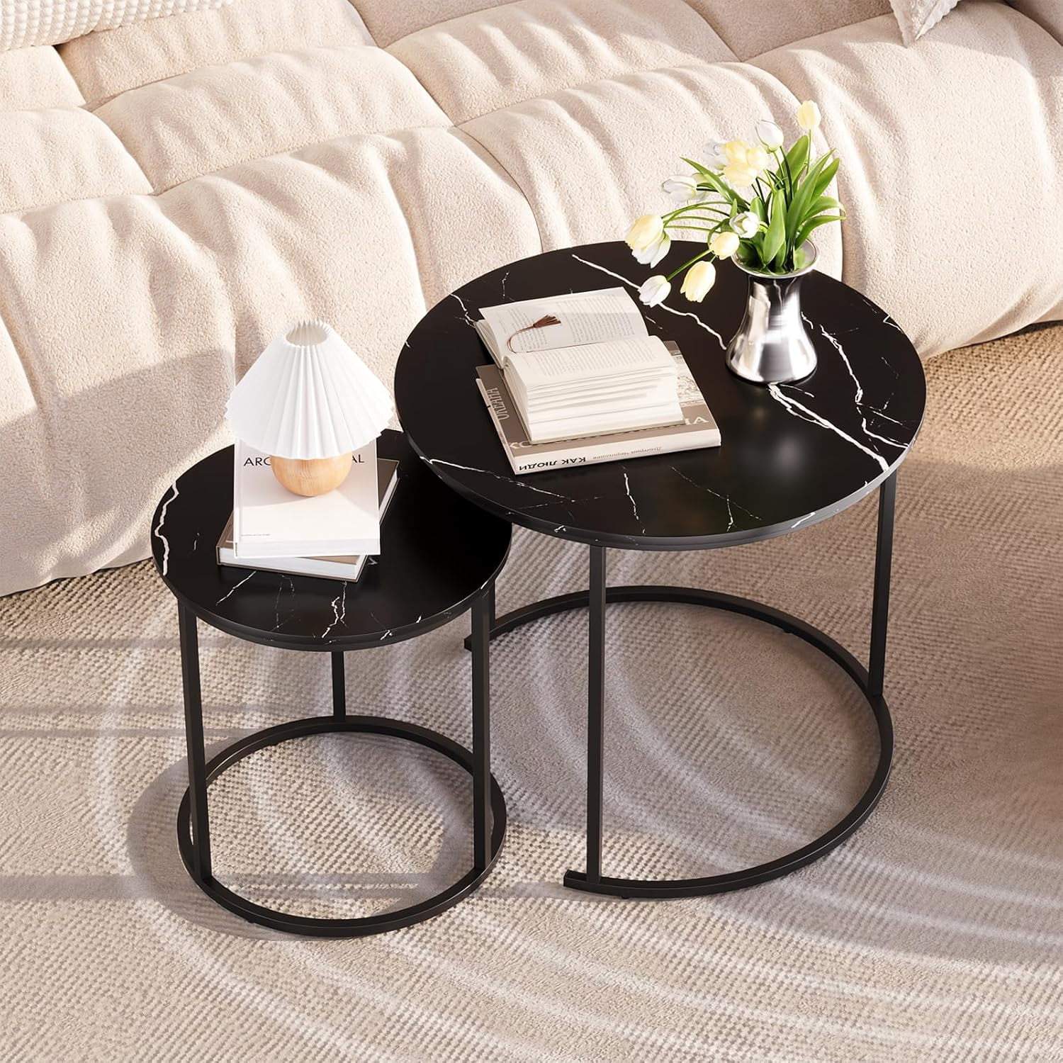 Coffee Table Nesting Black Set of 2 Side - Black Frame and Round Black ...