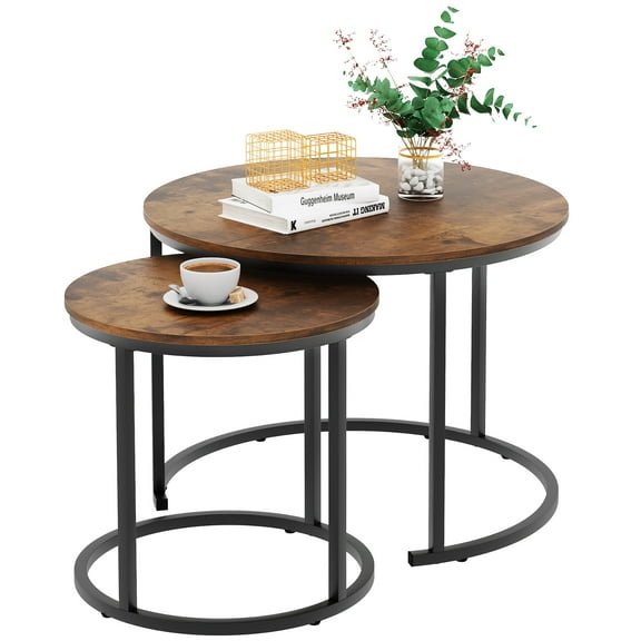 Coffee Table Nesting Round Table Set of 2 Side Table with Sturdy Metal Frame for Living Room Bedroom Apartment Modern Industrial Simple Nightstand,Rustic Brown