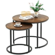 Coffee Table Nesting Round Table Set of 2 Side Table with Sturdy Metal Frame for Living Room Bedroom Apartment Modern Industrial Simple Nightstand,Rustic Brown