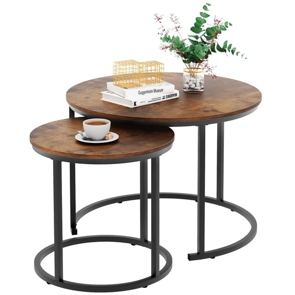 Coffee Table Nesting Round Table Set of 2 Side Table with Sturdy Metal Frame for Living Room Bedroom Apartment Modern Industrial Simple Nightstand,Rustic Brown