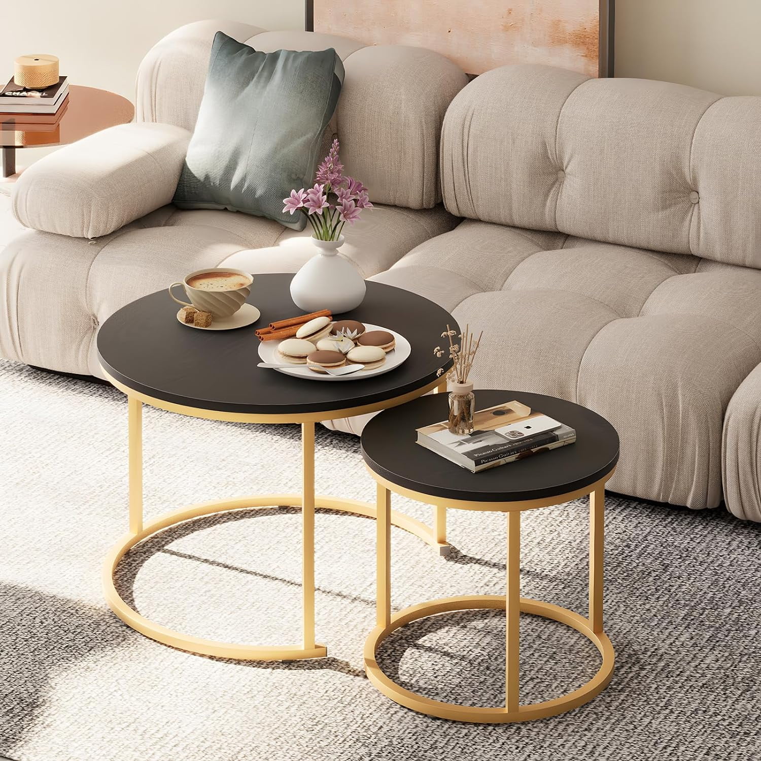 Coffee Table Nesting Set of 2 Round End Table Accent Side Stacking ...