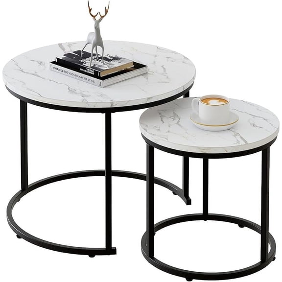 Coffee Table Nesting  Set of 2 Side Set Golden Frame Circular Round and Marble Pattern Wooden Tables, Living Room Bedroom Apartment Modern Industrial Simple Nightstand