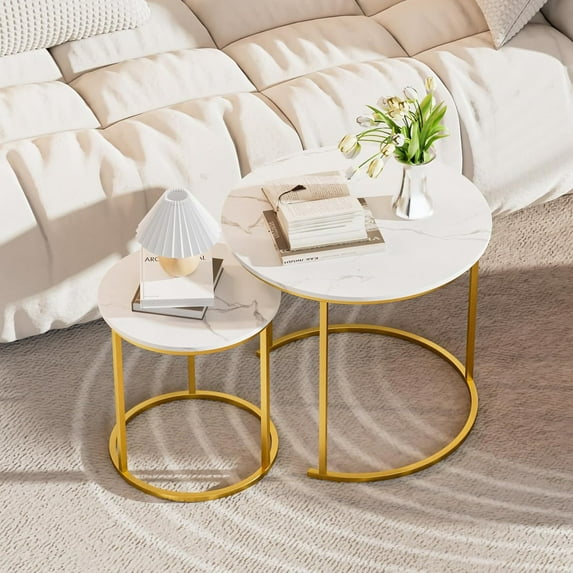 Coffee Table Nesting White Set of 2 Side - Gold Frame and Round White Marble Wood Table, Industrial End Table Side Tables for Living Room Bedroom Apartment Balcony Yard, White Marble+Gold Frame