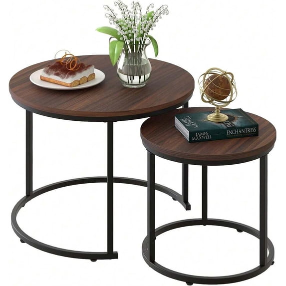Coffee Table Nesting Side Round Set of 2 End Table Top Sturdy Metal Frame Desk Centerpiece Living Room Bedroom Apartment Modern Industrial Simple Nightstand