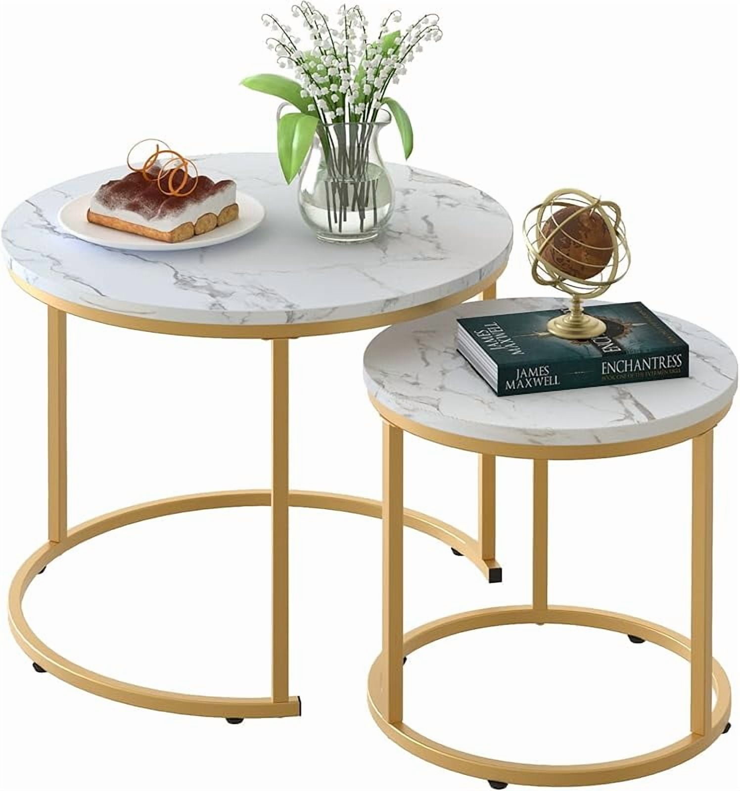 Coffee Table Nesting White Set of 2 Side Set Golden Frame Circular ...