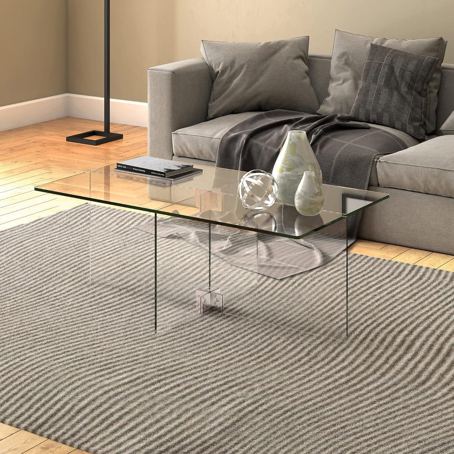 Elegant 42'' Clear Glass Rectangular Coffee Table with Steel Base