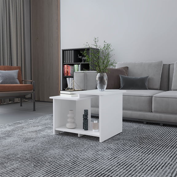 Coffee Table with Open Storage, Melamine Finish, White - Particle Board White - Modern Geometric Design for Living Room - Contemporary Elegance, Easy Assembly