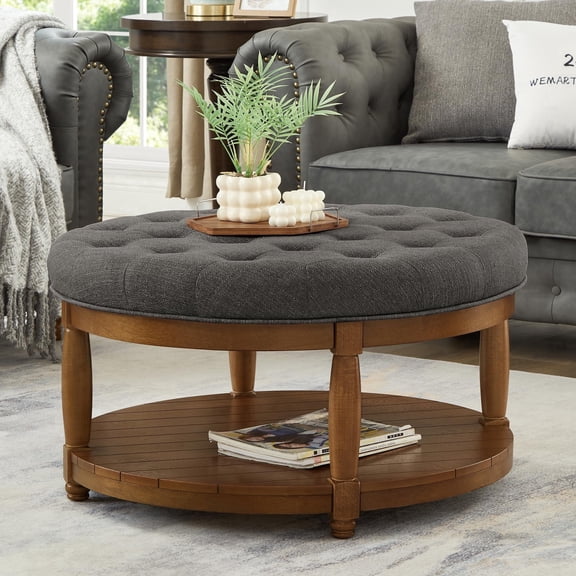 Coffee Table Ottoman with Storage Shelf, Tufted Upholstered Footrest Stool, Solid Wood Base, Living Room Accent Table