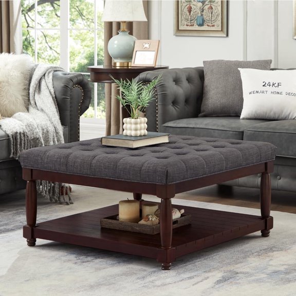Coffee Table Ottoman with Storage Shelf, Tufted Upholstered Footrest Stool, Solid Wood Base, Living Room Accent Table