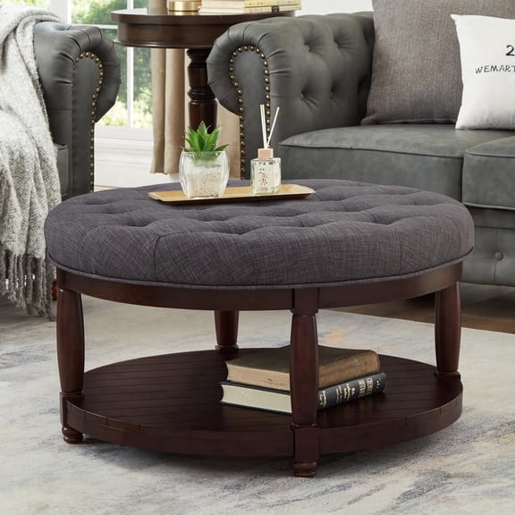 Coffee Table Ottoman with Storage Shelf, Tufted Upholstered Footrest Stool, Solid Wood Base, Living Room Accent Table