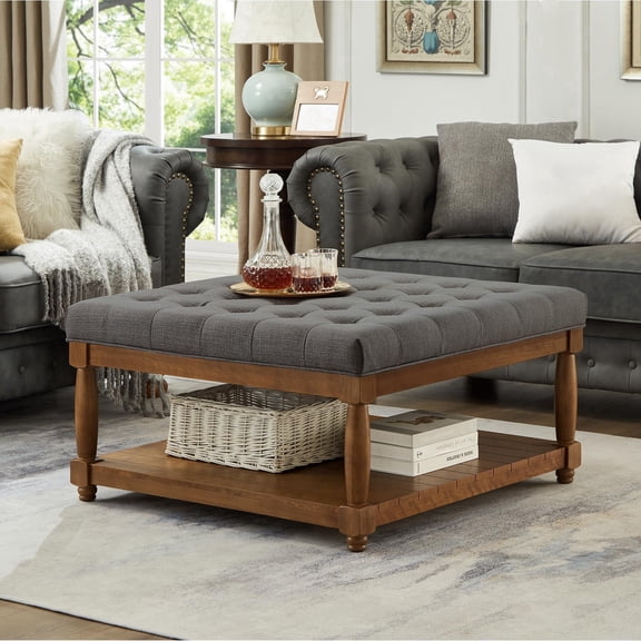 Coffee Table Ottoman with Storage Shelf, Tufted Upholstered Footrest Stool, Solid Wood Base, Living Room Accent Table
