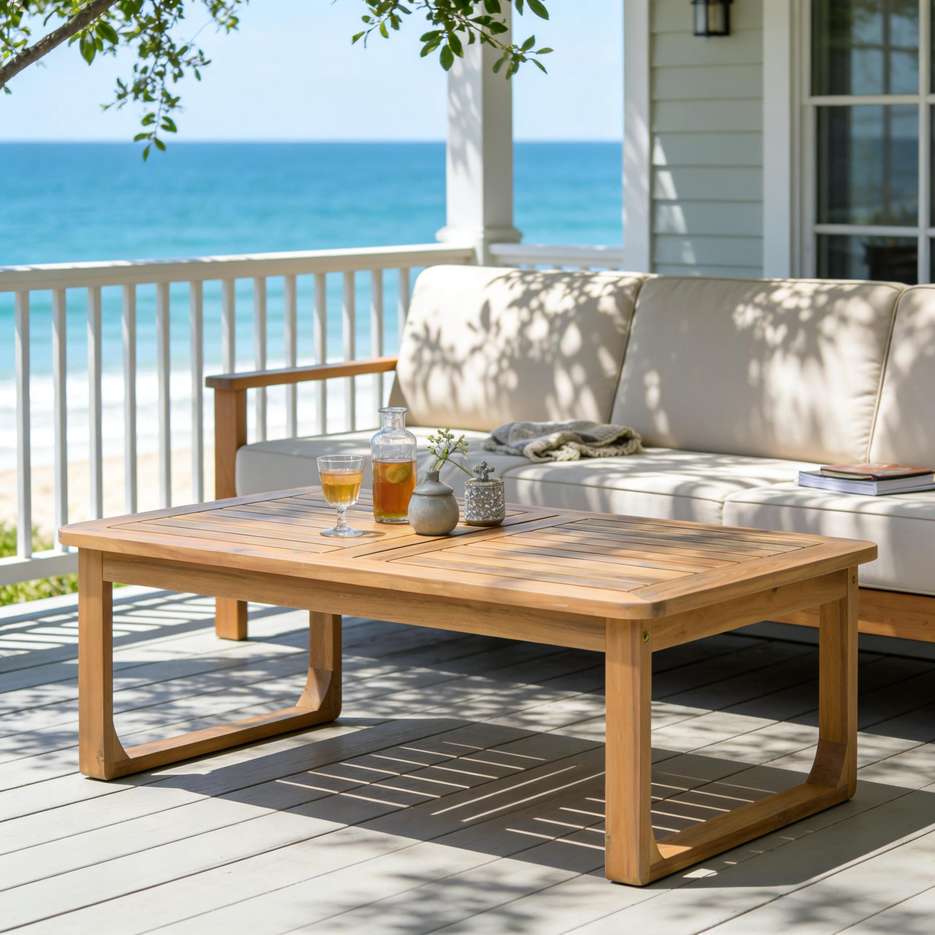 Coffee Table, Outdoor Rectangular Acacia Wood Patio Table with Curved Legs for Deck Garden, Light Teak