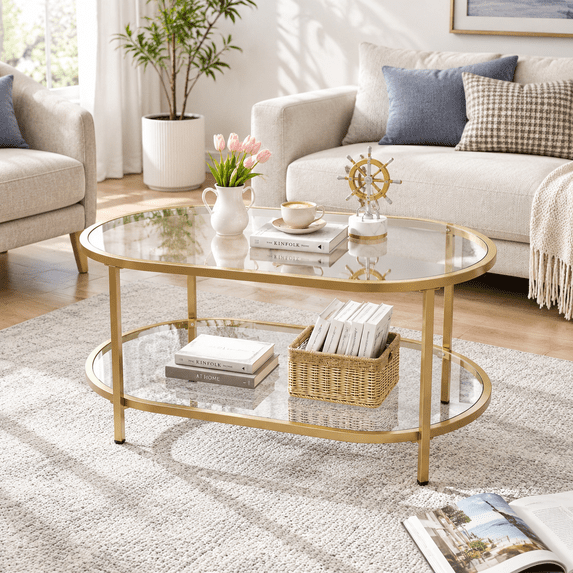 Coffee Table Oval Glfor Living Room 2 Tiers Center With Sturdy Metal ...