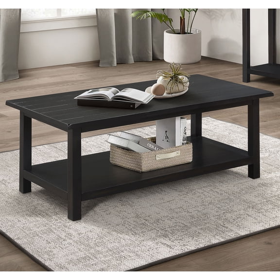 Coffee Table, Rectangular Solid Wood with Open Lower Storage Shelf, Distressed Java Brown Finish, 47.25"W x 24"D x 18.25"H, Rustic Farmhouse Style for Primary Living Room Space